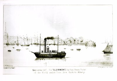LNローゼンタール（リトグラフ）によって刻まれた、1807年9月にニューヨークからオールバニーまで航行する最初の蒸気パケット「クレルモン」 作： J.H. Sherwin